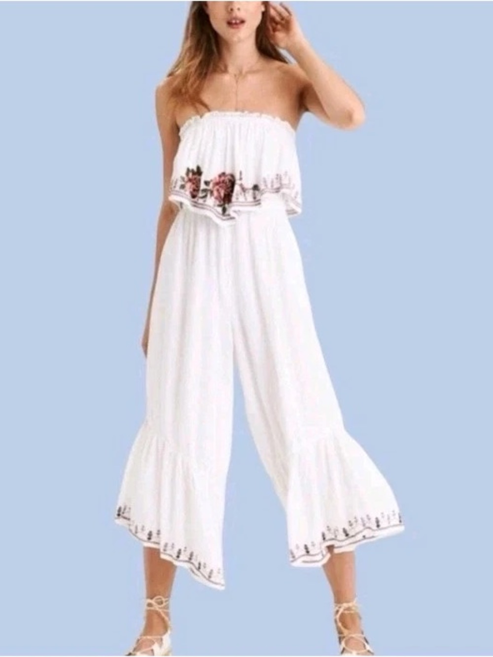 American Eagle Outfitters White Strapless Embroidered Wide-Leg Jumpsuit